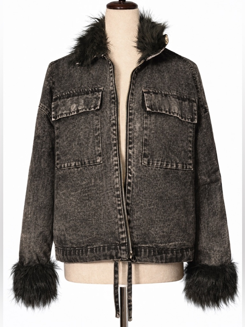 Y2K Boohoo black acid washed faux fur jean denim jacket.  Oversized. S
